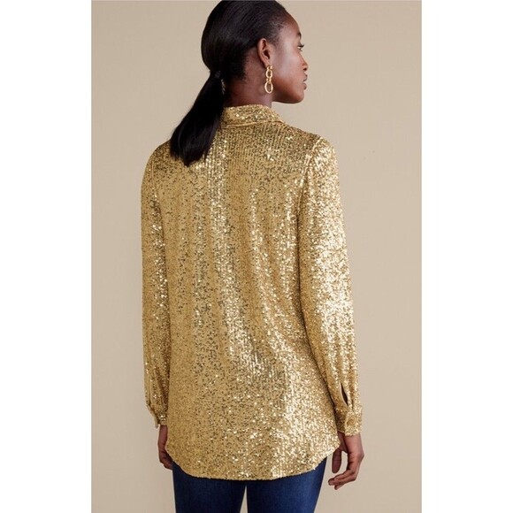 Soft Surroundings Sancerre Sequin Shirt Gold Button Up Petite Large 3GB2650802 - Picture 5 of 13